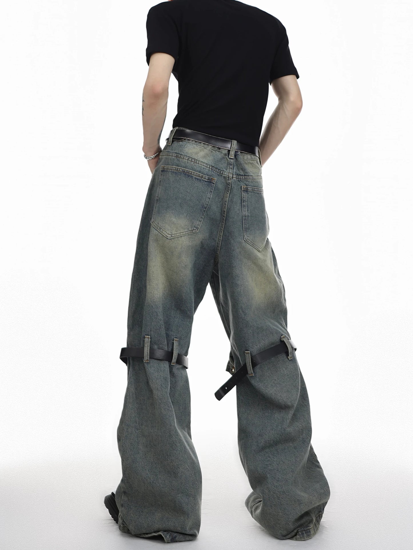 mens knee patchwork belts denim jeans unisex hip hop fashion streetwear harajuku loose flare straight y2k jean pants joggers unique joggers style 4291