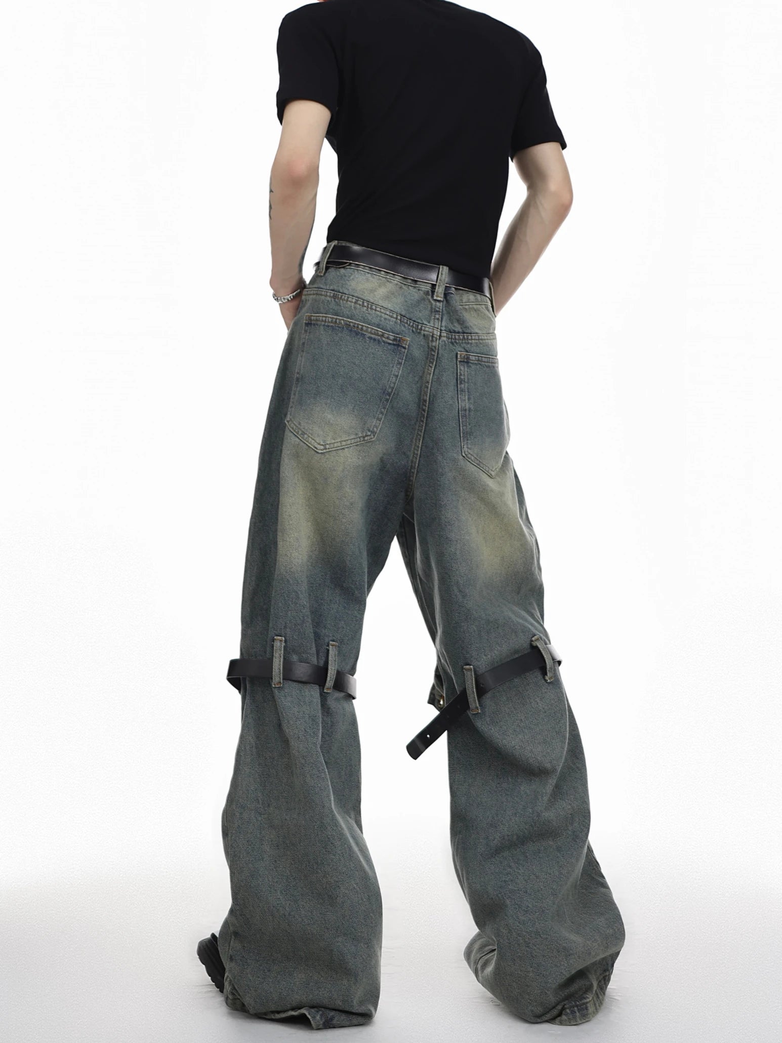 mens knee patchwork belts denim jeans unisex hip hop fashion streetwear harajuku loose flare straight y2k jean pants joggers unique joggers style 4291