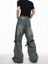 mens knee patchwork belts denim jeans unisex hip hop fashion streetwear harajuku loose flare straight y2k jean pants joggers unique joggers style 4291