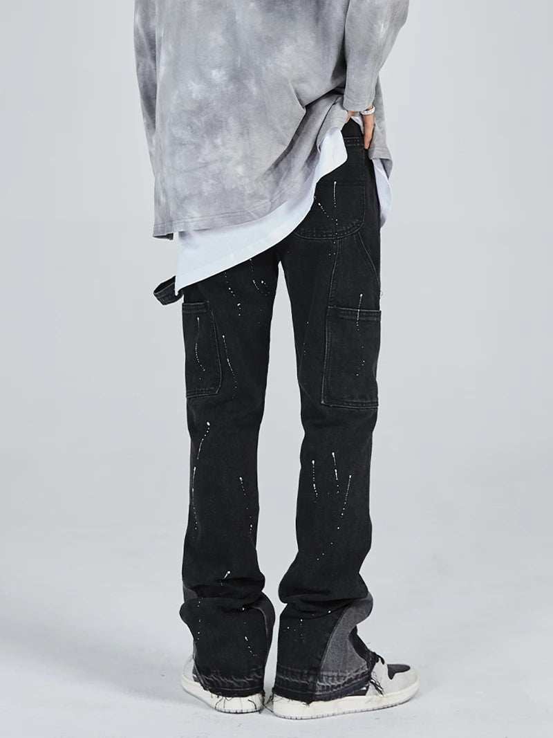 vintage streetwear flared jeans denim hip hop splashing ink wide leg jean overalls for men fashionable retro patchwork jeans y2k unique jeans style 493