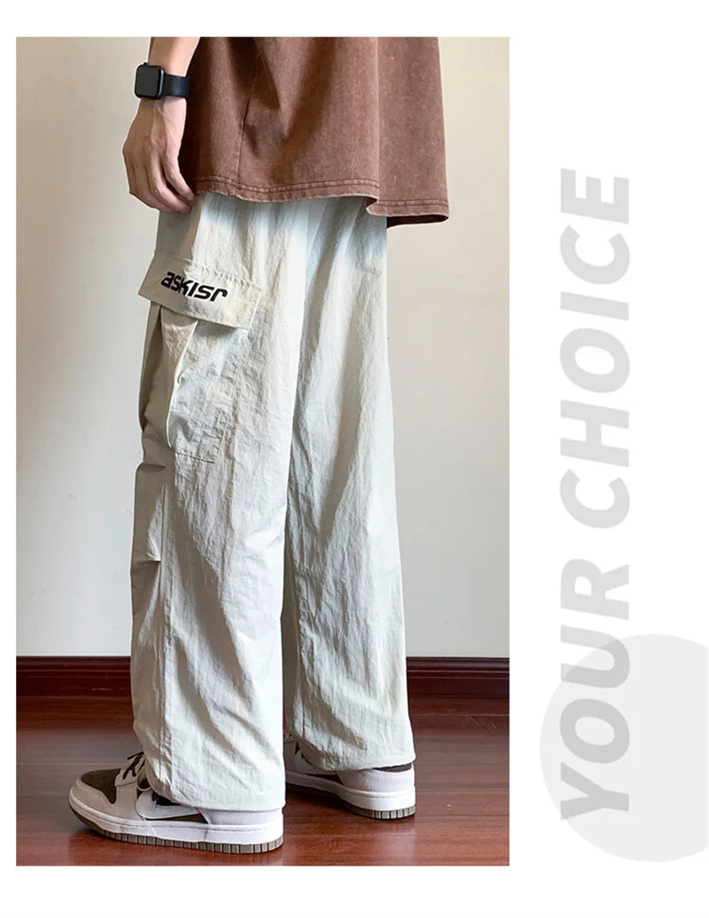 american retro straight leg cargo pants mens baggy casual outdoor gym trousers autumn thin tactical quick dry pantalones hombre unique cargo style 3427