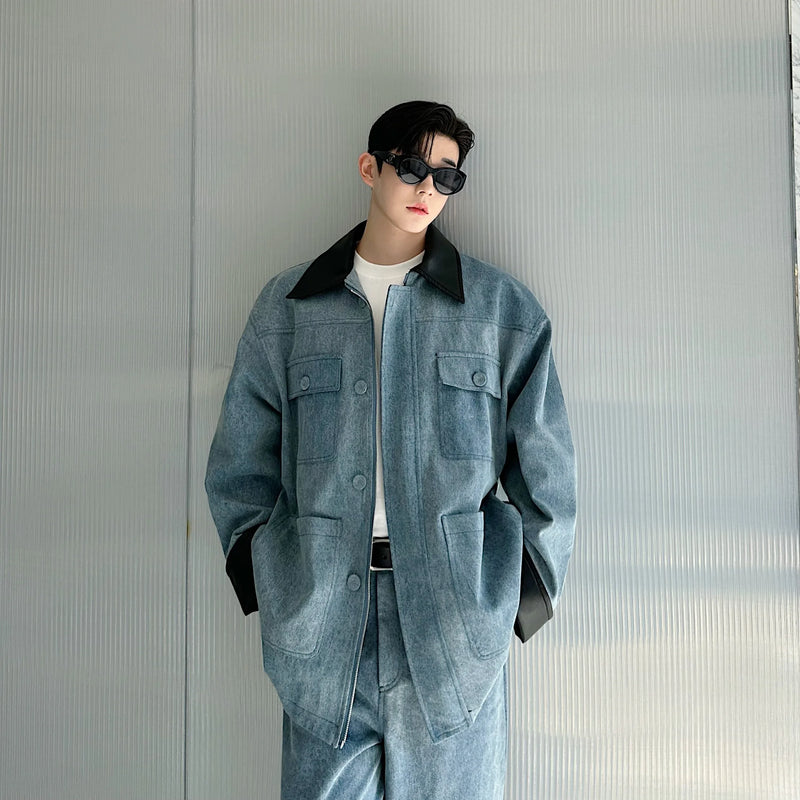 fashion show suits men streetwear washed denim splice loose casual jacket wide leg jeans pants 2 piece sets coat trousers suits unique jeans style 2740