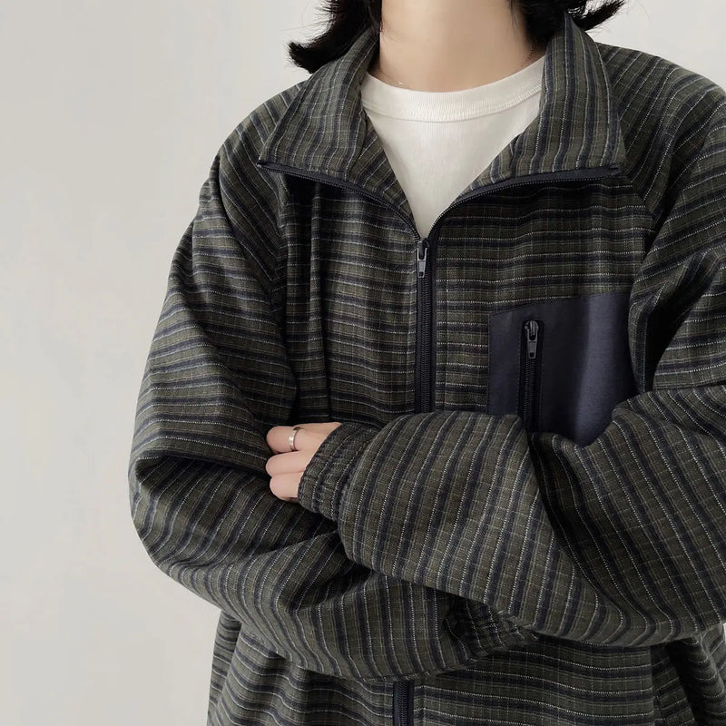 Autumn Japanese Retro Loose Casual Stand Up Collar Checked Jacket Mens