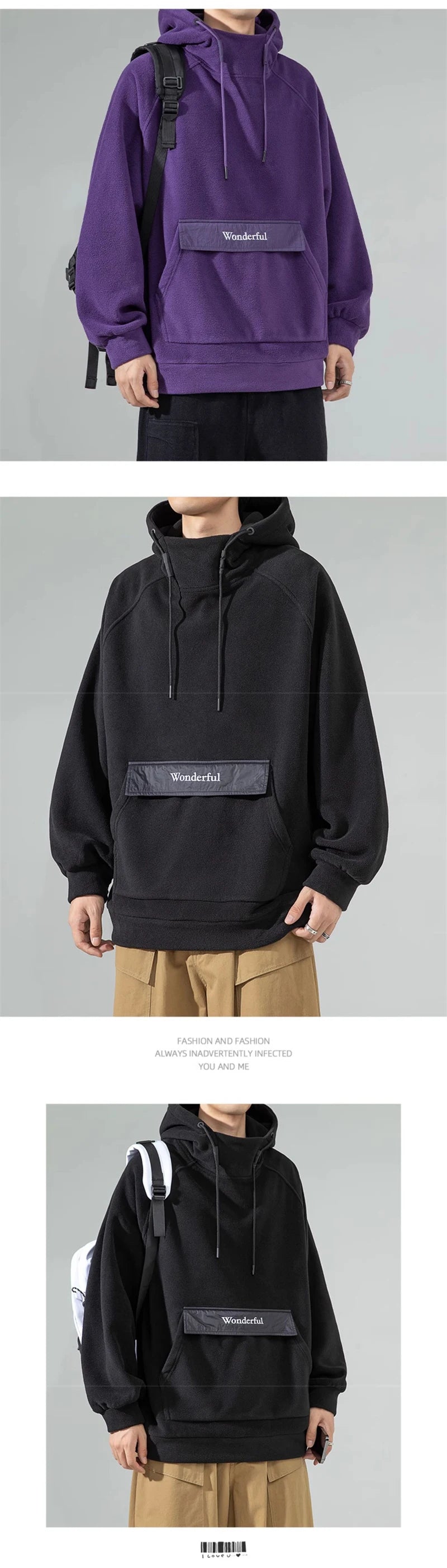 Autumn Polar Fleece Half Turtleneck Hoodies For Men Y2K Vintage Windproof Hooded Sweatshirts Casual Streetwear Pullover