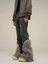 harajuku denim straight jeans men trousers high street zipper detachable fur bottom streetwear casual loose joggers jean pants urban active pants