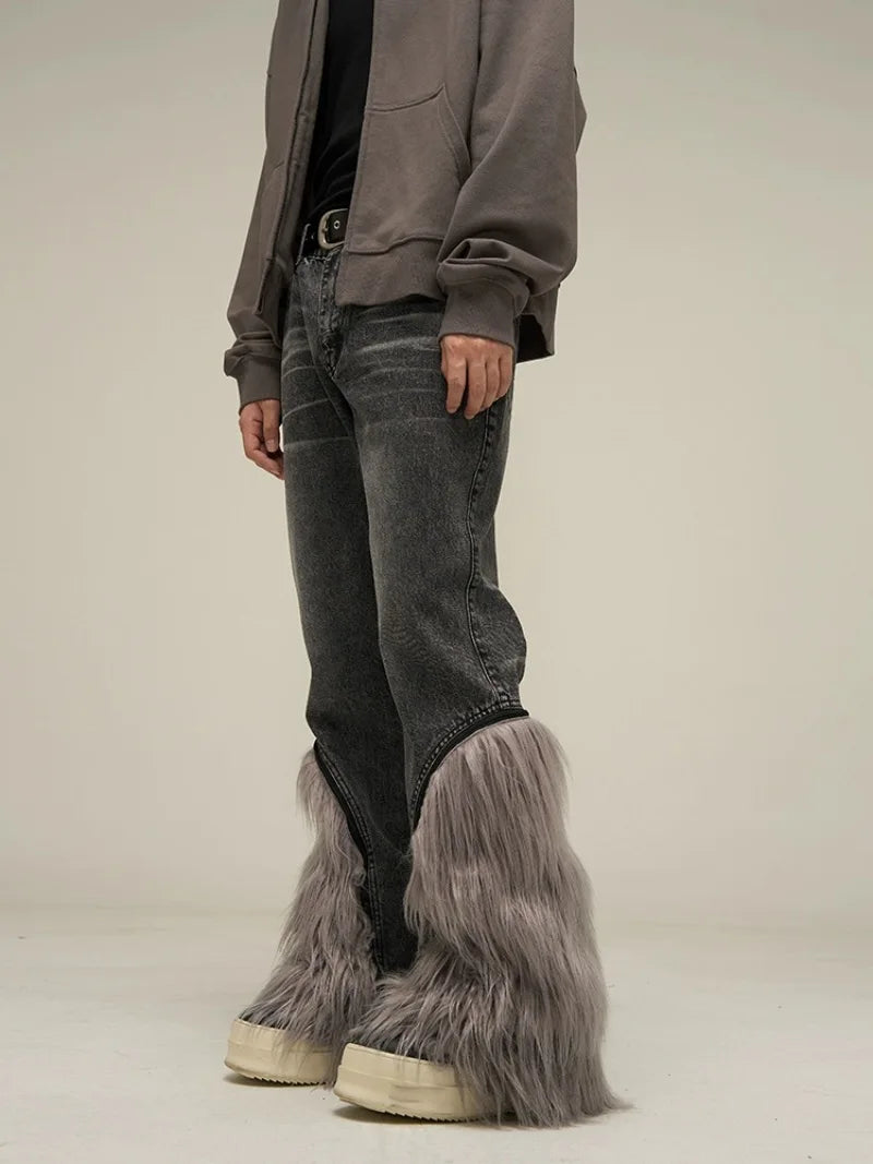 harajuku denim straight jeans men trousers high street zipper detachable fur bottom streetwear casual loose joggers jean pants urban active pants