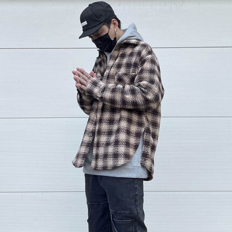 Mens Plaid Shirts New Fashion Single Breasted Hip Hop Loose Shirts Autumn Winter Casual Long Sleeve High Street Streetwear