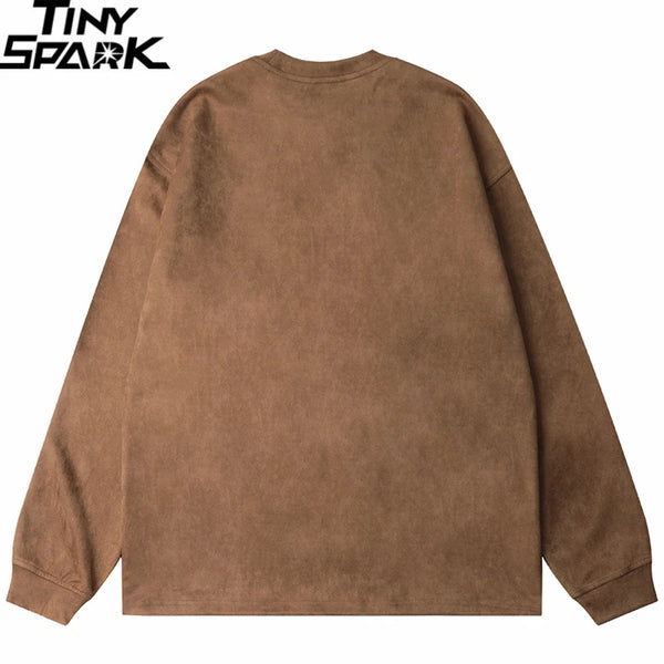 Men Suede Sweatshirt Streetwear Butterfly Monster Embroidery Harajuku