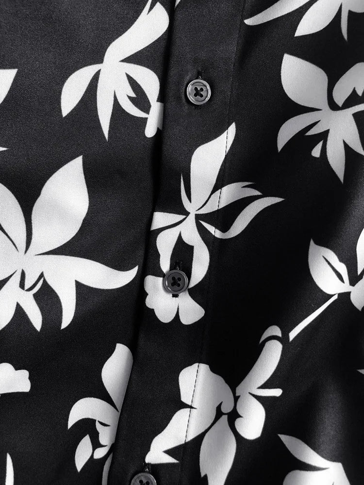 New 2021 luxury Men Classic Hibiscus Flowers Fashion 50% Silk Casual Shirts Shirt high quality Pocket Short sleeves #A48
