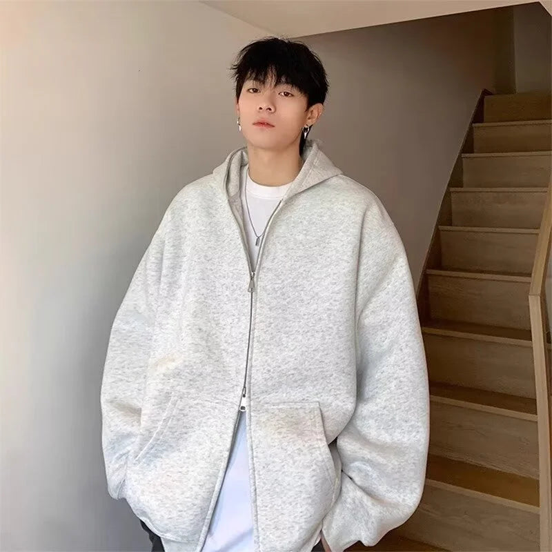 Retro Korean Street Pullover – Winter Mens Fleece Zipper Hooded Sweatshirts 2025 New Classic Solid Color Oversized Hoodies Y2K Streetwear Outerwear Tracksuit | Zip Knit Drop #237
