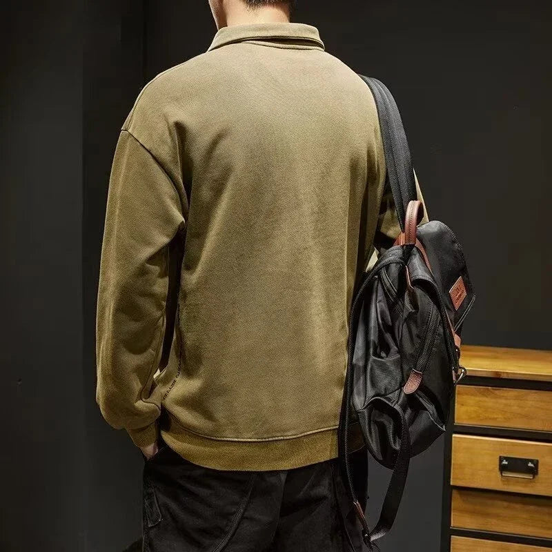 Autumn Y2K Vintage Long Sleeve Sweatshirt Mens Loose Pockets Polo Neck