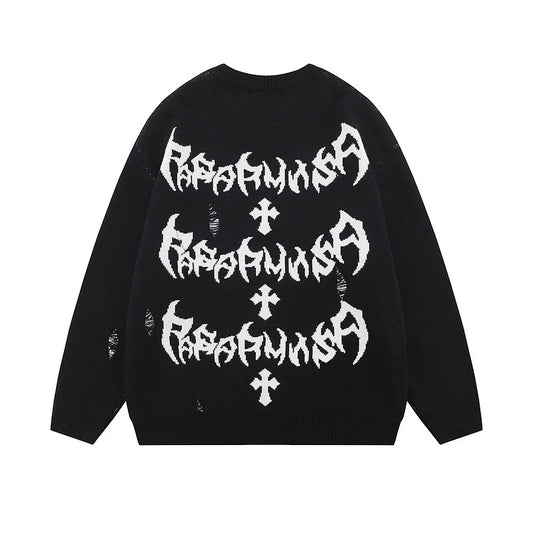 rainbowtouches men sweaters high street letter graffiti holes trendy pullover vintage loose knitted sweater spring and autumn - Y2K grunge street style, 2025 streetwear drop, high quality cotton hoodie