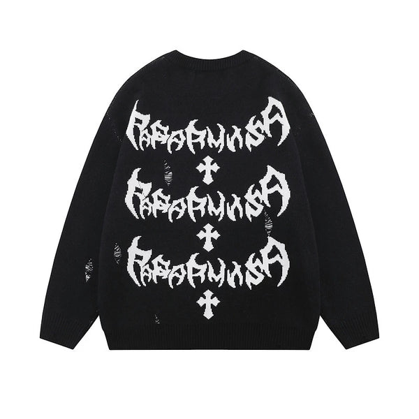 rainbowtouches men sweaters high street letter graffiti holes trendy pullover vintage loose knitted sweater spring and autumn - Y2K grunge street style, 2025 streetwear drop, high quality cotton hoodie