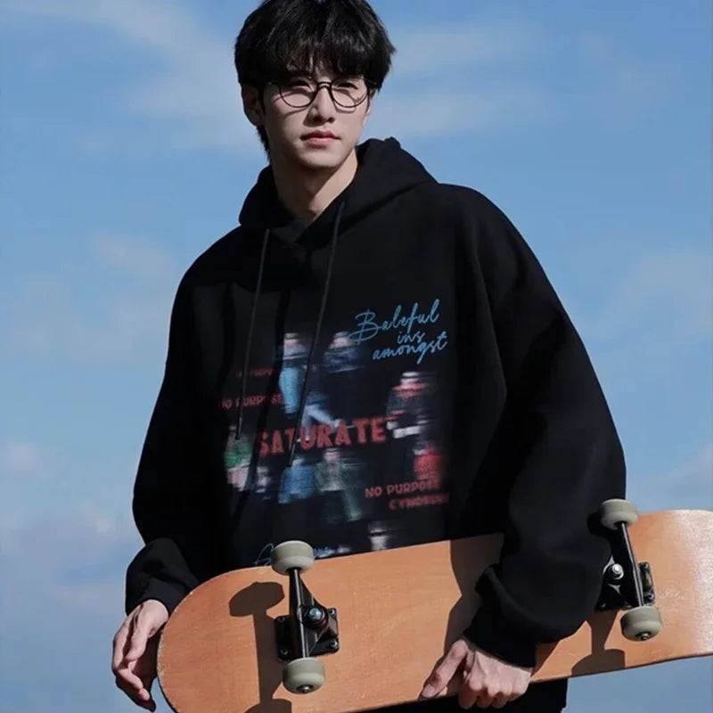 Cyber streetwear hoodie with abstract geometric patterns