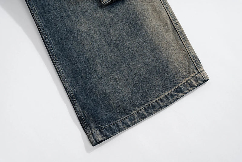 RO Style Gradient Ribbons Multi-pockets Drawstring Jeans for Men Harajuku Streetwear Baggy Y2K Denim Trousers Oversized Cargos