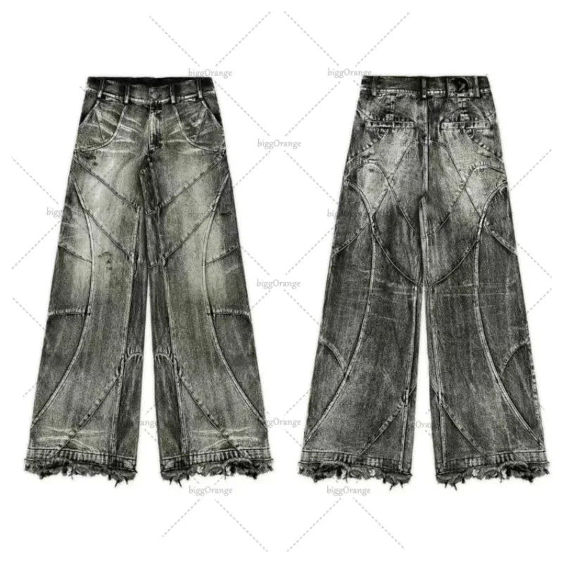 jeans for mens solid color retro work jeans y2k clothes men and women casual floor mopping pants hollow design cotton loose unique jeans style 2624