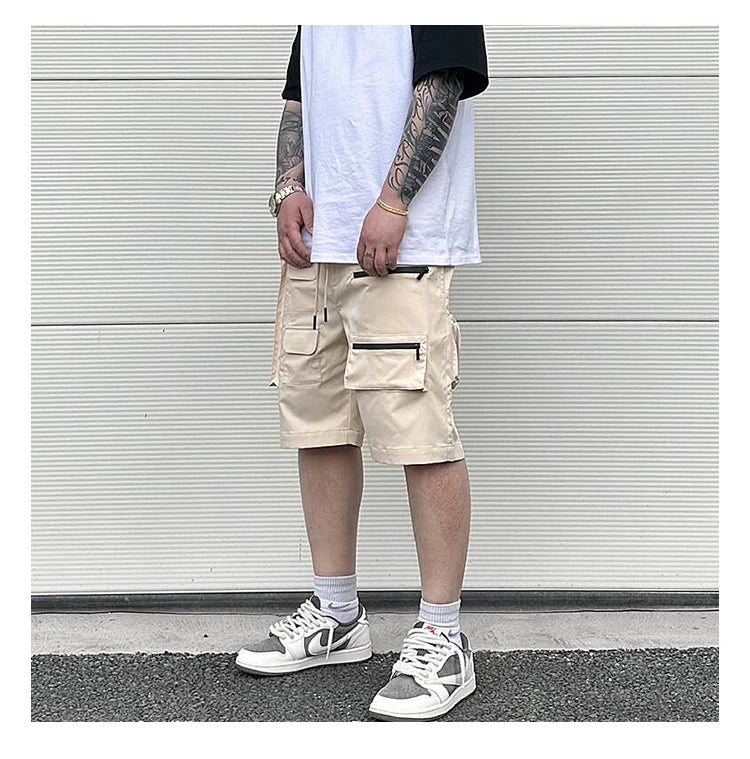 Retro Fashion Vibe Summer Cargo Shorts Functional Pockets Press Glue Zipper Straight Shorts Baggy Casual Split Knee-length