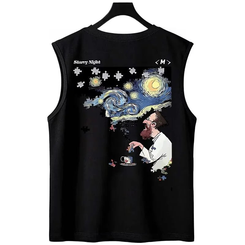 Glitchcore Graphic tee – Summer Mens Starry Night Puzzle Printed Tank Tops Hip Hop Fashion