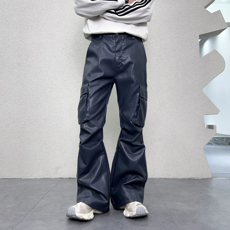pu leather pants mens streetwear fashion hip hop vibe casual faux leather cargo flared pant men motorcycle trousers unique cargo style 3060