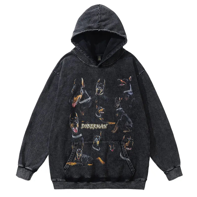 Vintage Men Hoodie Sweatshirt Y2K Doberman Dog Animal Print Punk Goth