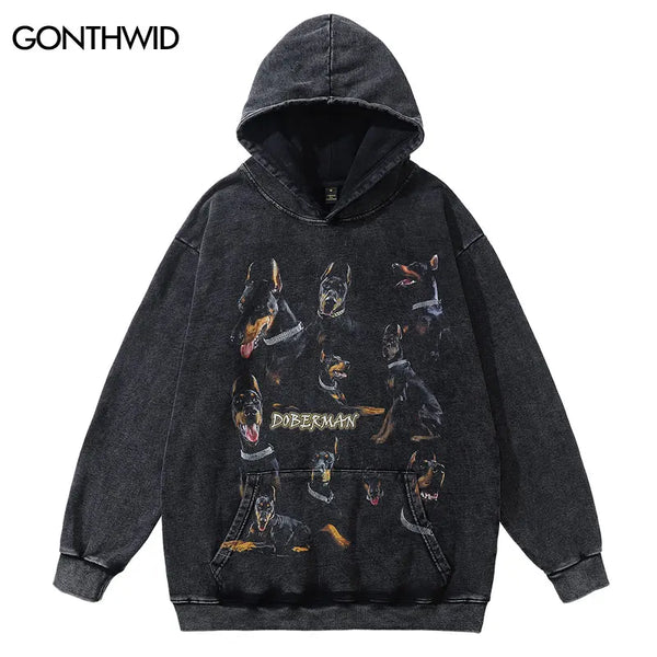 Vintage Men Hoodie Sweatshirt Y2K Doberman Dog Animal Print Punk Goth