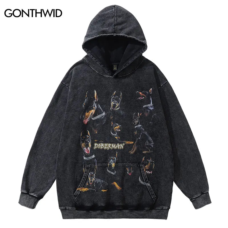Vintage Men Hoodie Sweatshirt Y2K Doberman Dog Animal Print Punk Goth