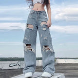 streetwear straight pants ladies ripped jeans mid waist loose wide leg pants ladies jeans y2k summer high street cargo pants unique cargo style 2731