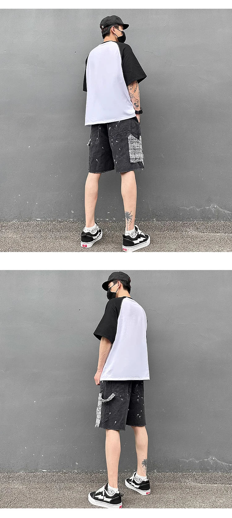 ripped holes patchwork denim jeans shorts mens high street straight short jeans hip hop streetwear casual short joggers pants unique joggers style 738