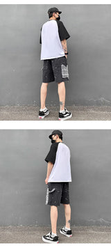 ripped holes patchwork denim jeans shorts mens high street straight short jeans hip hop streetwear casual short joggers pants unique joggers style 738