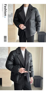 Men Winter Faux Fur Collar Splice Leather Business Casual Cotton-padded Jacket Streetwear Fashion Loose Leather Parka Coat