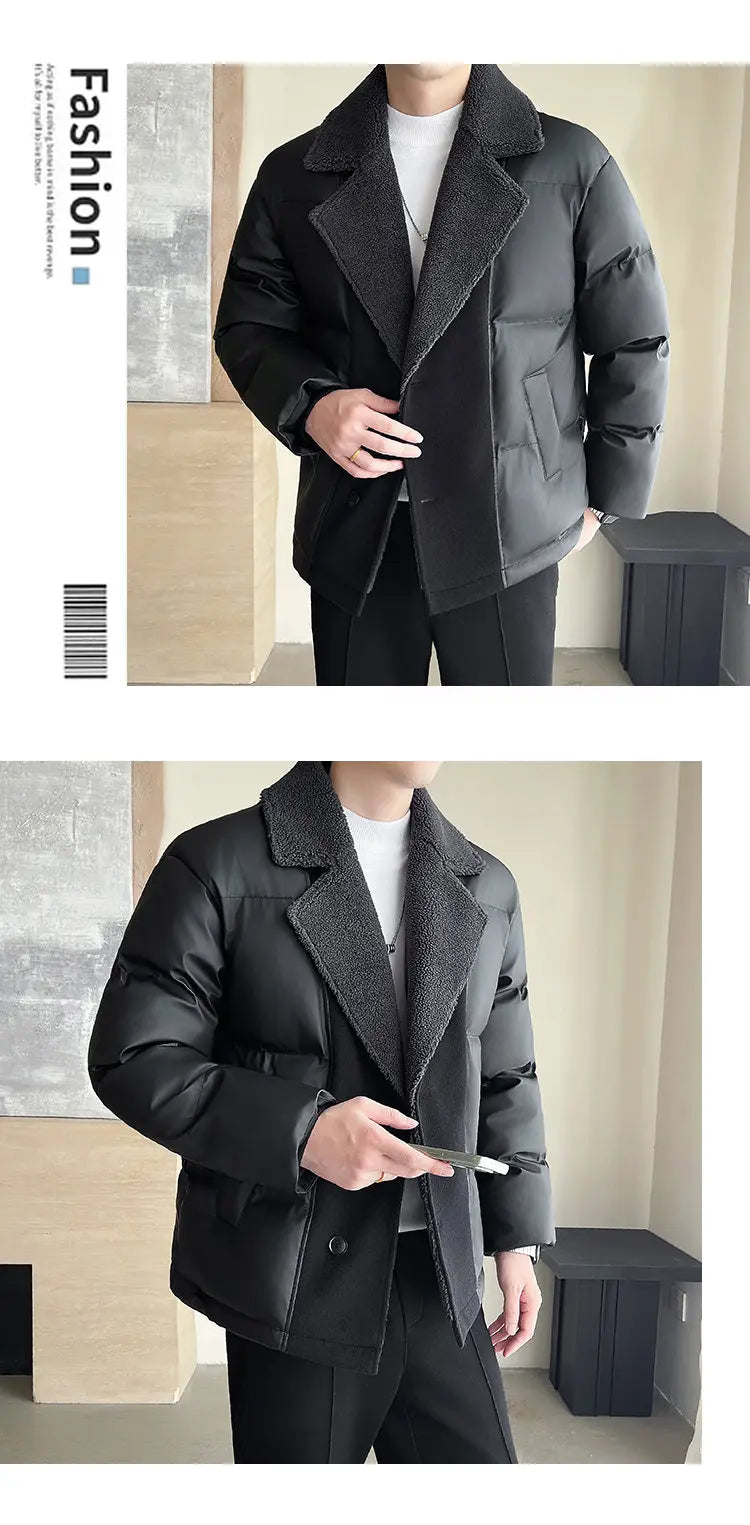 Men Winter Faux Fur Collar Splice Leather Business Casual Cotton-padded Jacket Streetwear Fashion Loose Leather Parka Coat