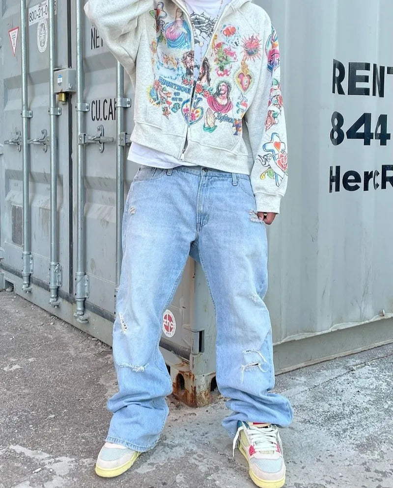 American Street Goth Harajuku Cartoon Print Oversized Sweatshirt Men Y