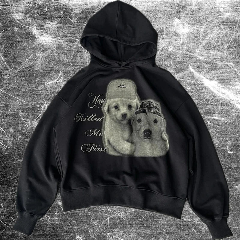 Y2k Women's Long Sleeved Hoodie Oversize Streetwear Sweatshirt Dark Hip Hop Punk Pattern Printed Vintage