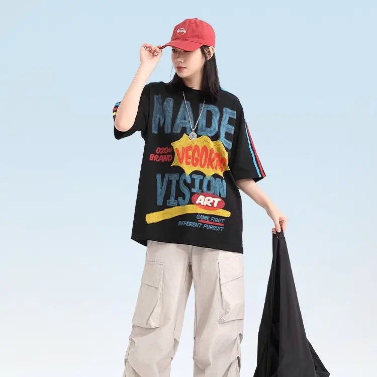 Skatercore Graphic tee – American Colored Striped Graffiti Letter Splicing Short Slee