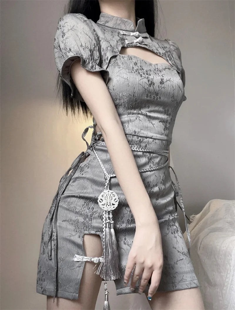 Vintage Chinese Style Cheongsam High Split Mini Dress 2024 Tie Dye Gothic Women Aesthetic Bandage Dresses Y2k Sexy Bodycon Robe