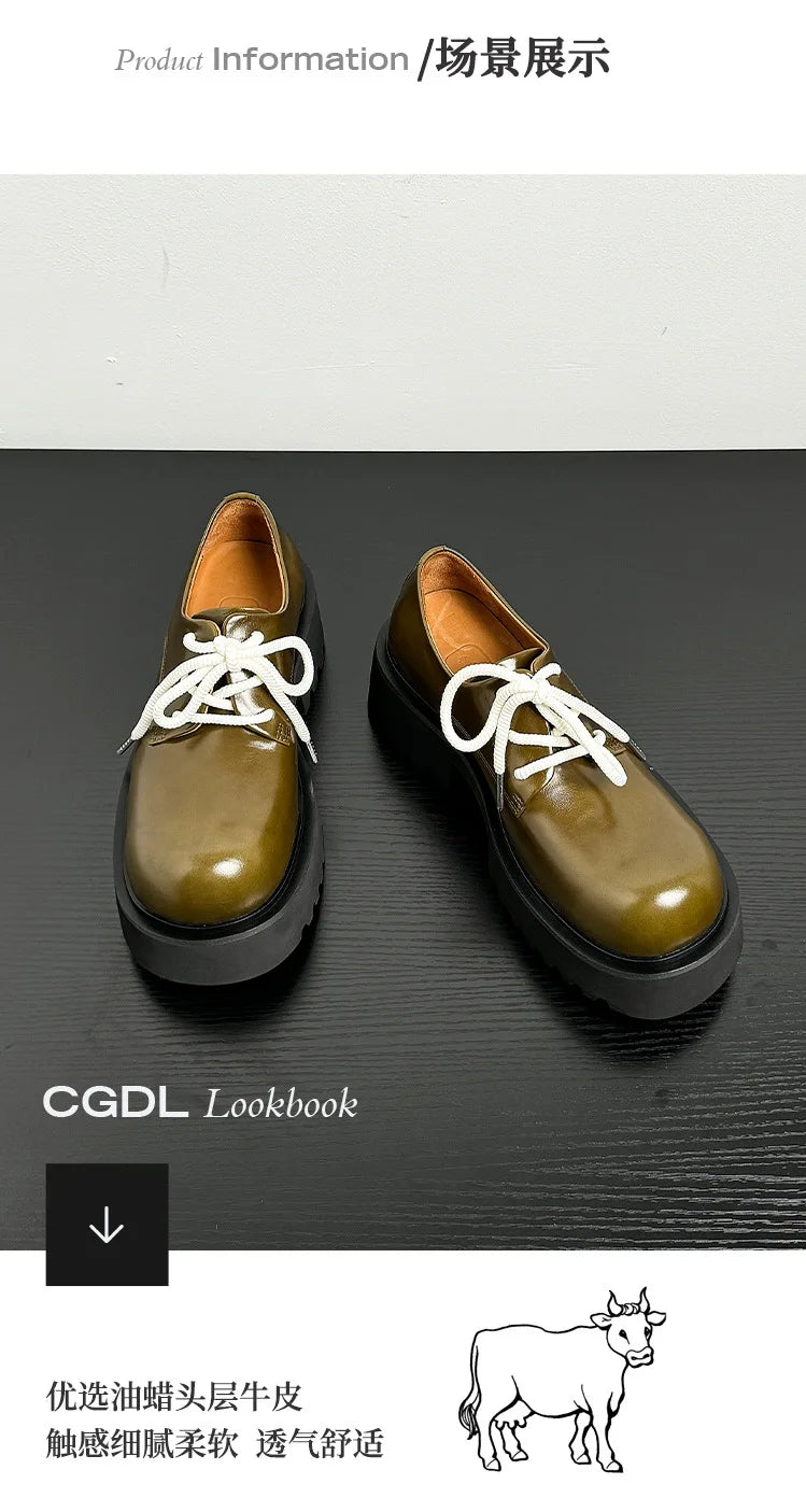 Men Genuine Leather Streetwear Fashion Casual Real Derby Shoes Male Vintage Japan Korean Cityboy Cow Leather High Heels Shoes