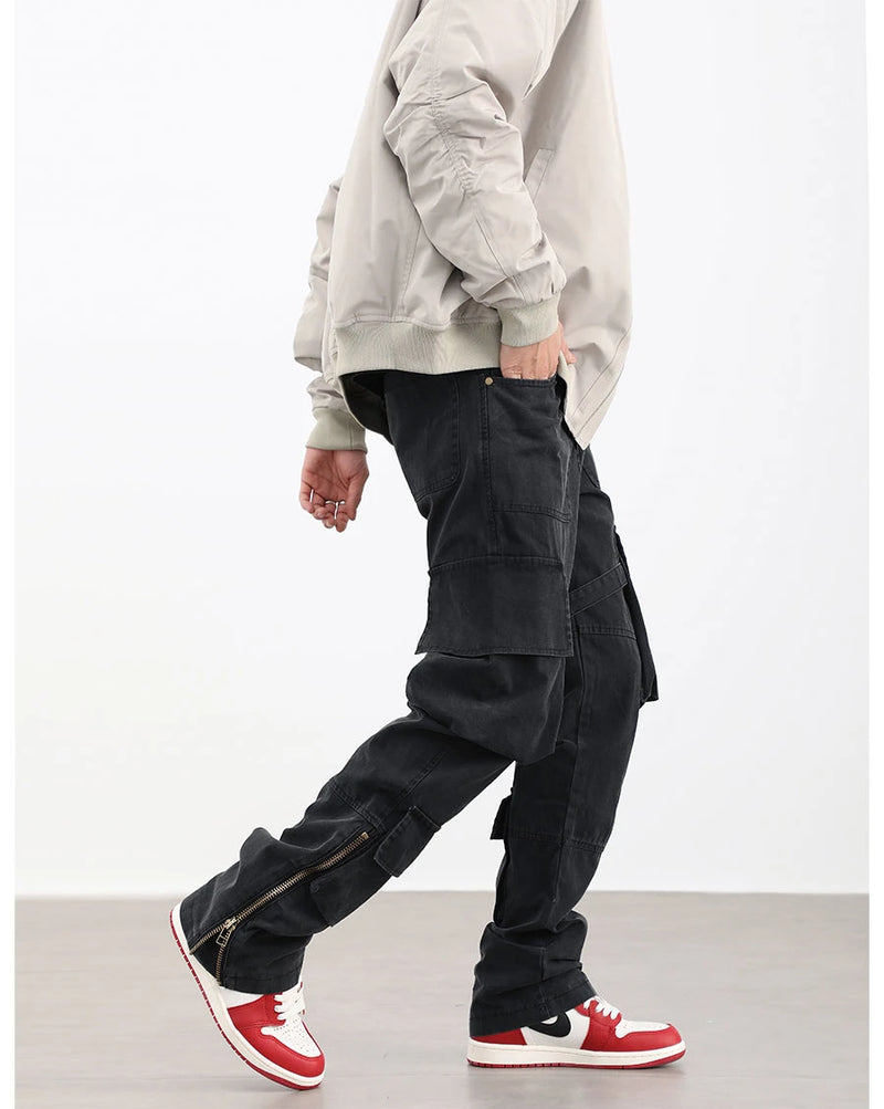 mens hip hip pants retro cargo pant streetwear side pockets bottom zipper harajuku joggers casual loose straight cotton trousers unique joggers style 3828