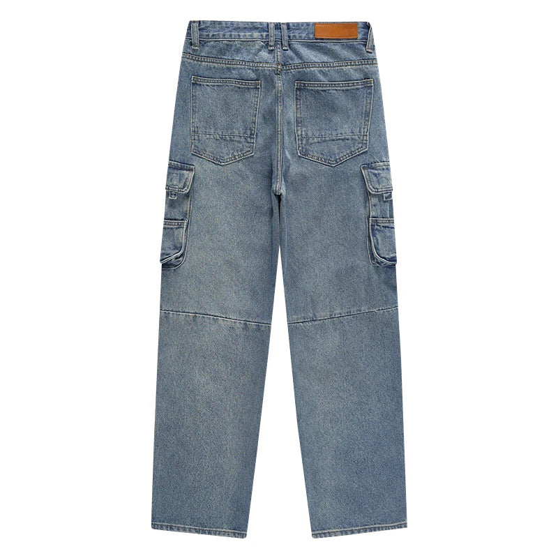 mens baggy jeans side big pocket distressed ripped denim jean straight pants high street cargo jean pants hip hop joggers jeans unique joggers style 2998