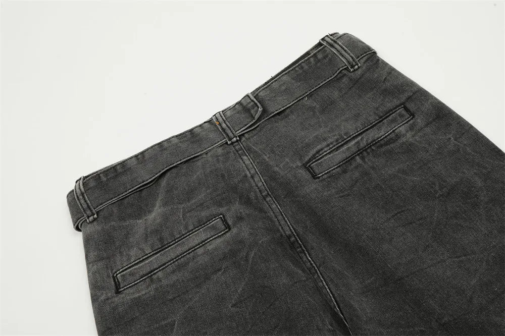 american high street vibe fashion splice jeans mens belt loose casual vintage wide leg straight denim baggy jeans pants trouser unique jeans style 1458