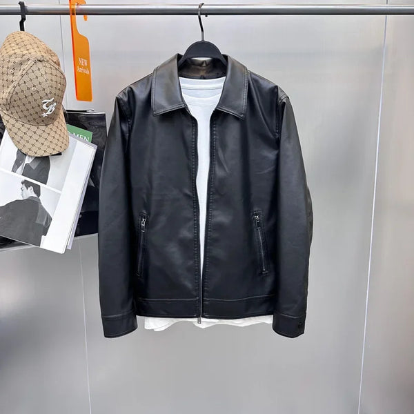 Spring and Autumn Men's Soft Leather Jacket Business Slim Fit Lapel Jacket Casual Men's PU Motorcycle Jacket