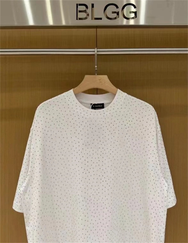 BALCG Style Original Heavy duty Starry Sky Washed Olded Starry Sky Rhinestone Oversized Loose Short sleeved T-shirt White