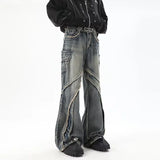 high street jeans mens spring autumn rough edge splicing design trendy denim pants multiple pockets punk cowboy flared trousers ripped baggy denim