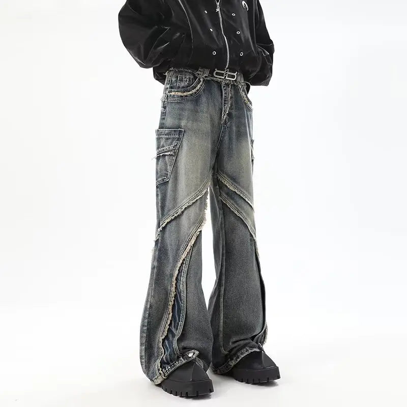 high street jeans mens spring autumn rough edge splicing design trendy denim pants multiple pockets punk cowboy flared trousers ripped baggy denim