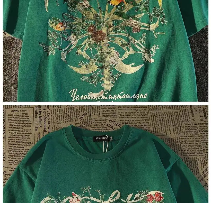 American retro high street skeleton butterfly pure cotton short-sleeved fashion brand half-sleeved y2k top