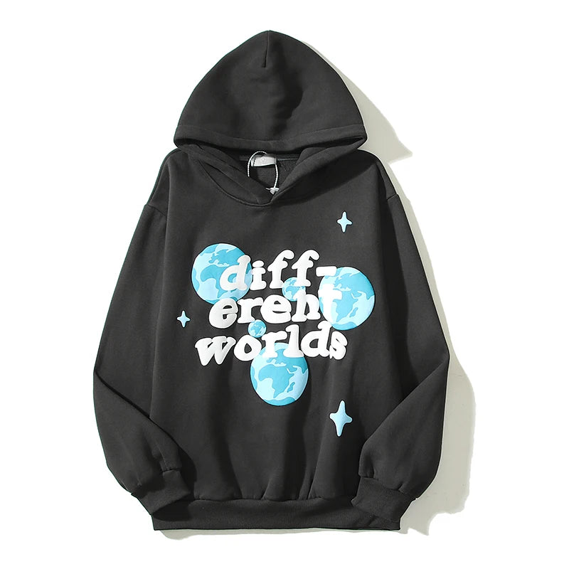 High Street Letter Foam Skull Vintage Fleece Hooded Hoodies Men And Wo