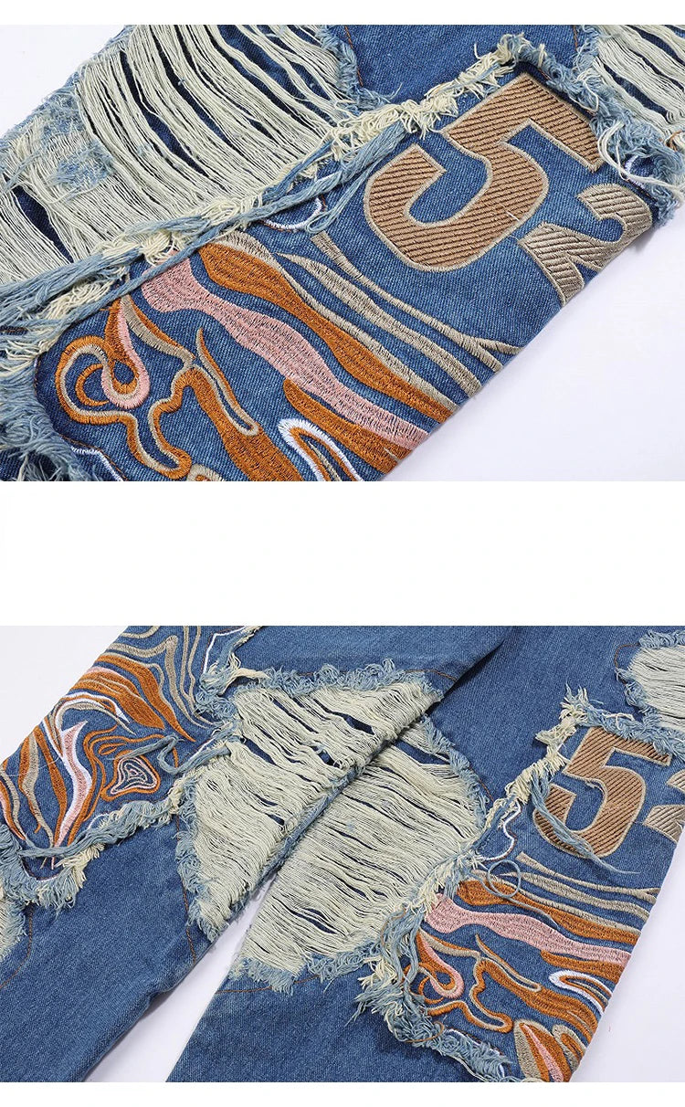 fashion embroidery destroyed ripped tassel holes denim jean pants mens casual loose straight jeans hip hop streetwear joggers unique joggers style 4354