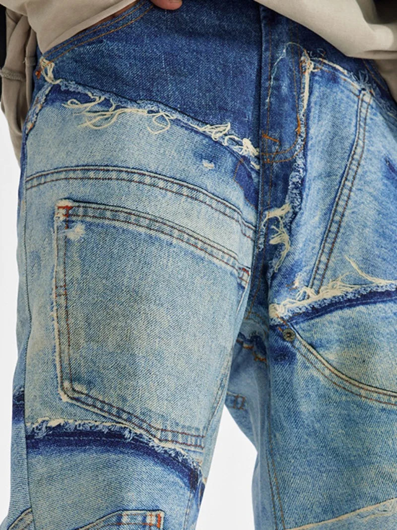 fashion fake patchwork printed denim jeans mens new casual zipper straight loose jeans streetwear hip hop baggy pants joggers unique joggers style 2415
