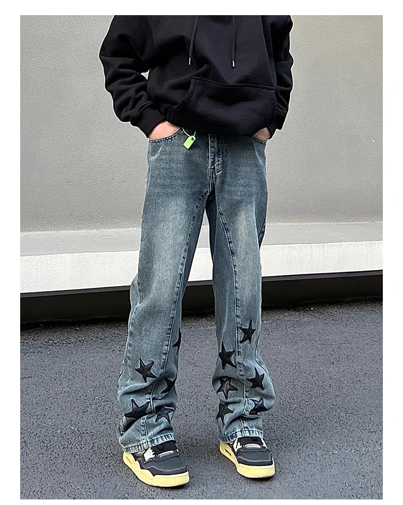 mens high street stars embroidery denim jean pants casual loose straight jeans hip hop y2k unisex pants streetwear joggers unique joggers style 3929