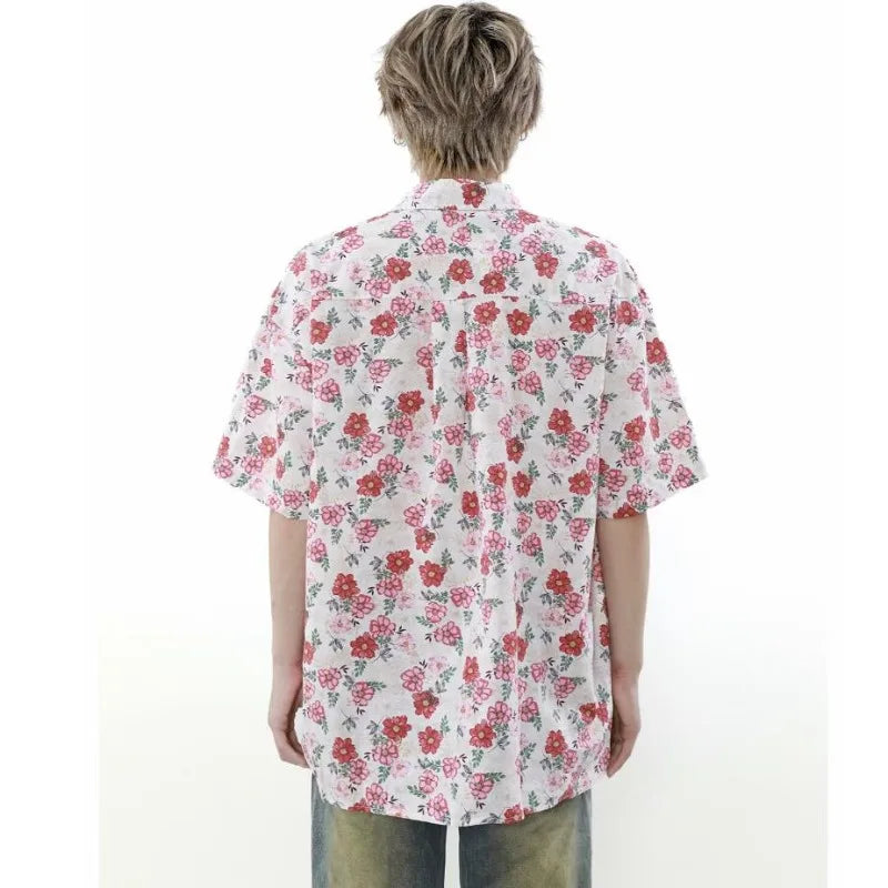 summer harajuku set mens flower print casual short sleeved top gradient straight leg jeans 2 pcs set high street trendy suit unique jeans style 4786