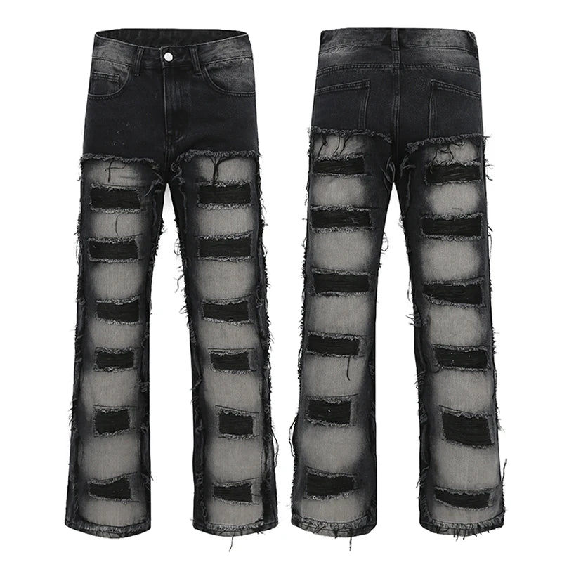 fashion distressed washed wtih moustache effect denim jean pants mens casual straight trousers streetwear hip hop joggers pants unique joggers style 2335